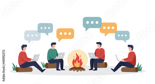 Online Collaboration and Communication Group of People Sharing Ideas Around a Fire
