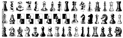Detailed chess pieces in a row, showcasing strategic game elements perfect for designs related to strategy, competition, and intellectual games