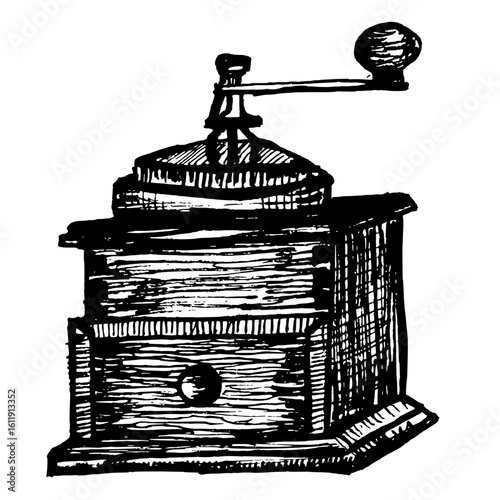 Macinacaffè manuale retrò, macinino, schizzo in stile vintage