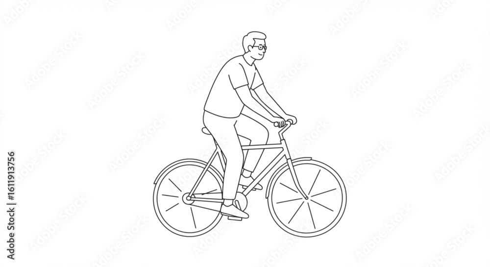 Obraz premium A man with glasses riding a bicycle in a line drawing style on a white background with simple details