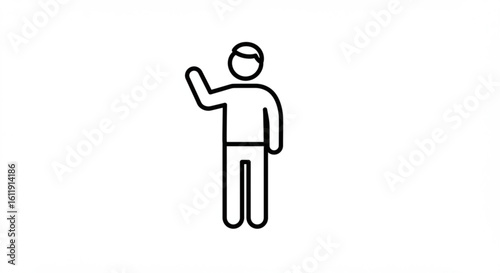 Simple line drawing of a person standing and waving their hand in a friendly gesture on white background