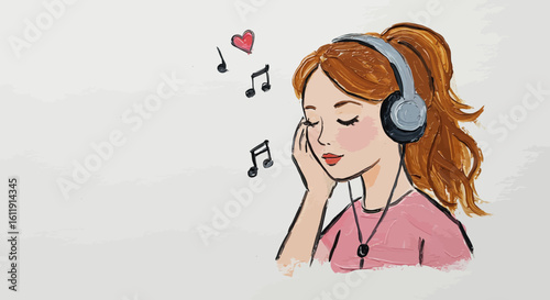Young woman with headphones, eyes closed, enjoying serene music. An illustration of tranquil bliss, personal relaxation, and the pure joy of melodic immersion.