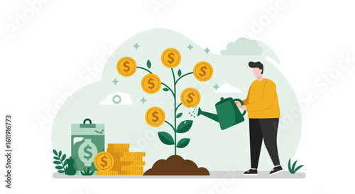 Illustration of financial growth and investment concept with a man watering a money tree. Business success and wealth accumulation.