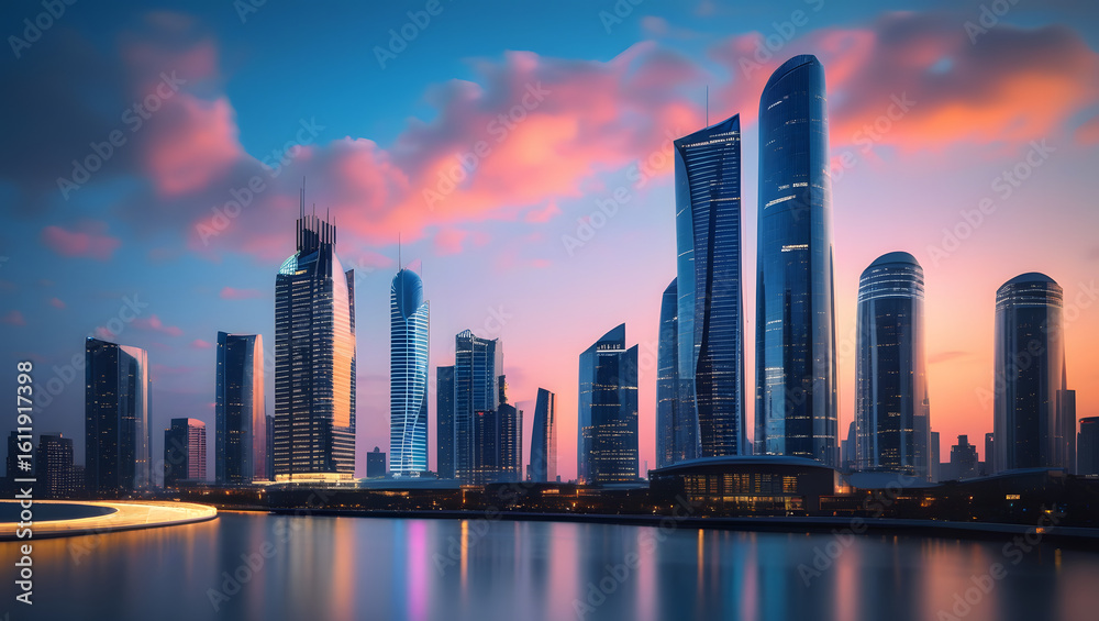 Fototapeta premium Modern skyscrapers lining a waterfront at sunset, reflecting in the calm water.
