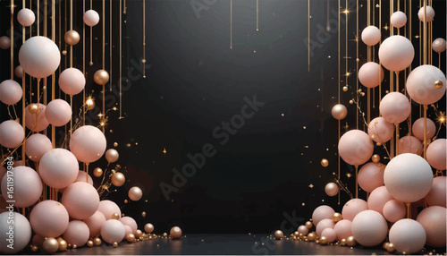 Elegant pink and gold balloons adorn a luxurious black background