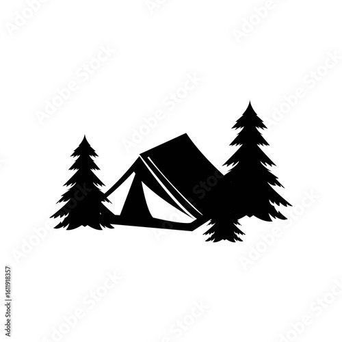 Camping adventure silhouette with tent and pine trees, perfect for outdoor travel and recreational designs