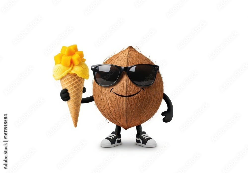 Fototapeta premium A coconut character is holding a mango ice cream isolated on white background