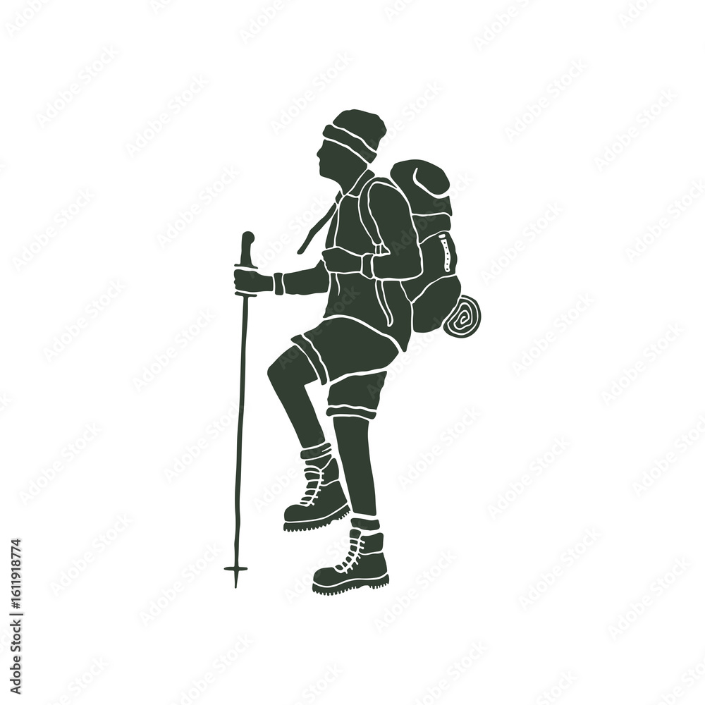 Fototapeta premium Adventurous hiker with backpack and trekking pole ascends a mountain trail, embracing the freedom of nature