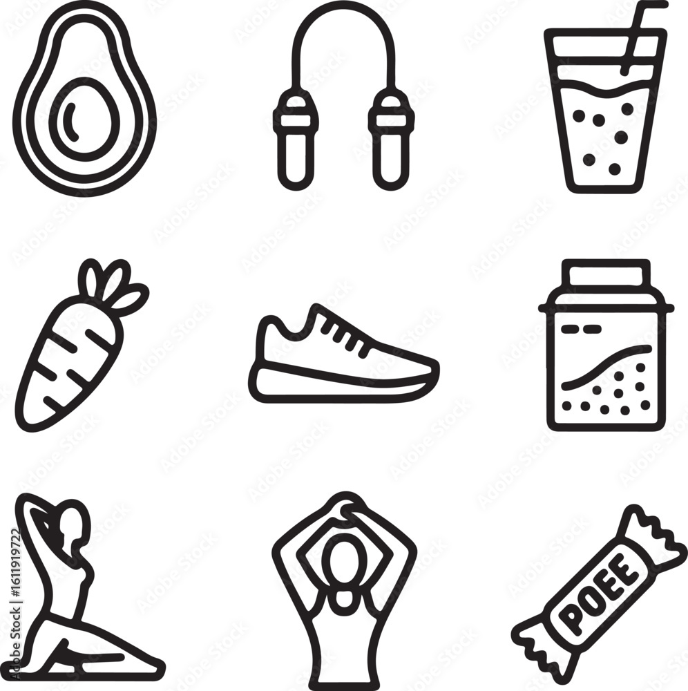 Fototapeta premium Wellness & Nutrition Line Icons – Minimal Vector Pack for Clean Living