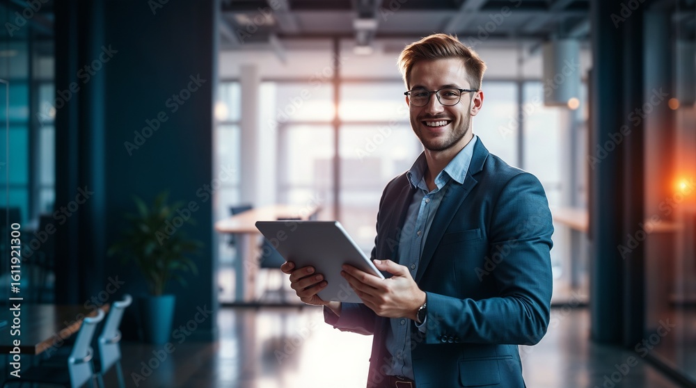 Fototapeta premium man in modern office holds tablet. Smiling businessman in business casual attire, looks happy