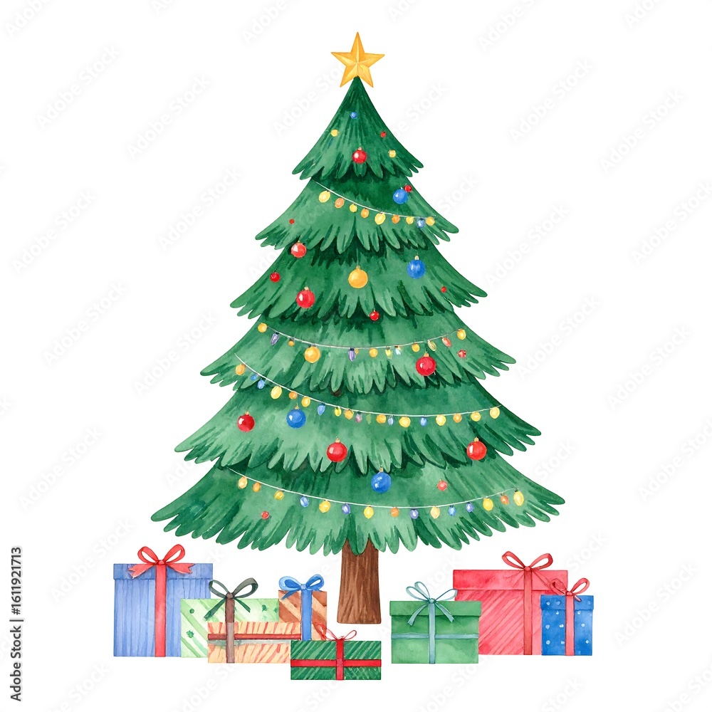 Naklejka premium Watercolor Christmas tree with presents