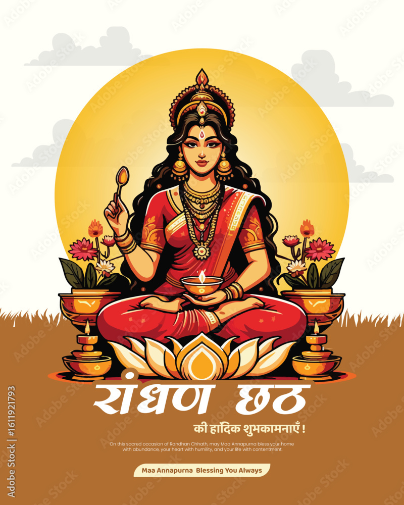 Obraz premium Devotional scene of woman preparing food in Indian kitchen on Randhan Chhath festival