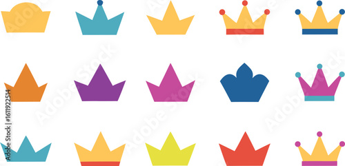 Vector art of a set of colorful cartoon crown icons isolated on white background provides a regal and whimsical design element