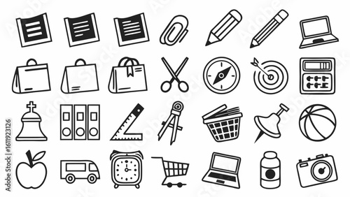 Illustration of various office school and shopping related icons in black outline on white background