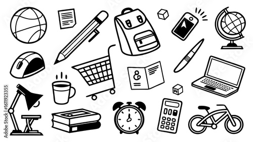 Wallpaper Mural Illustration of various objects including a backpack, laptop, calculator, and other school and office supplies Torontodigital.ca