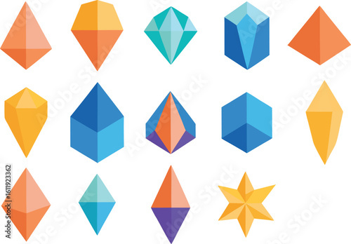 Vector art of a collection of colorful diamond and gem icons isolated on white background