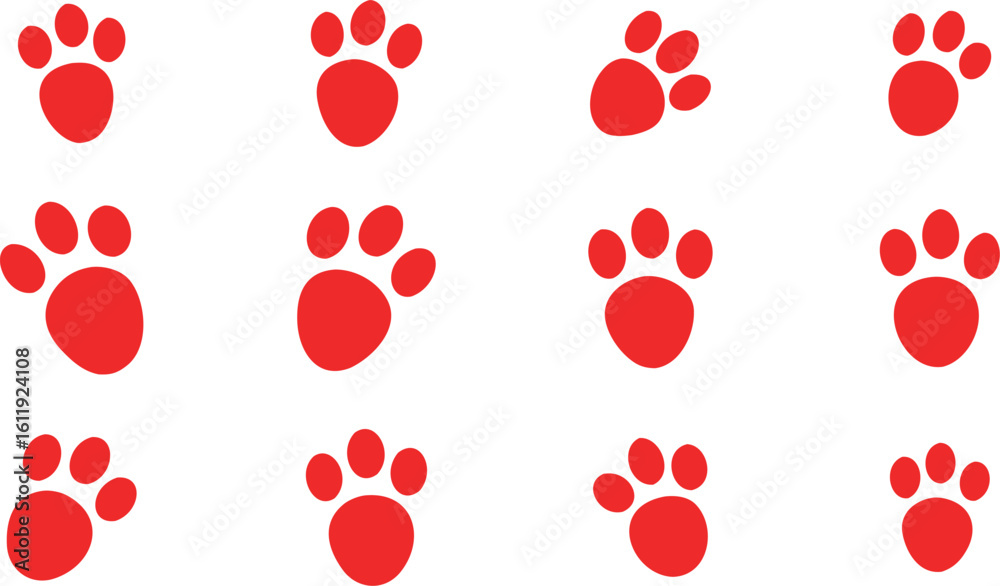 Vector art of a set of red paw print icons isolated on white background