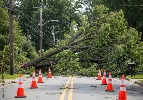 A downed tree blocks a road after a storm, with traffic cones marking the hazard