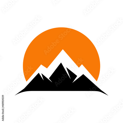 Clean and simple mountain silhouette with rising sun shown in minimalist vector design