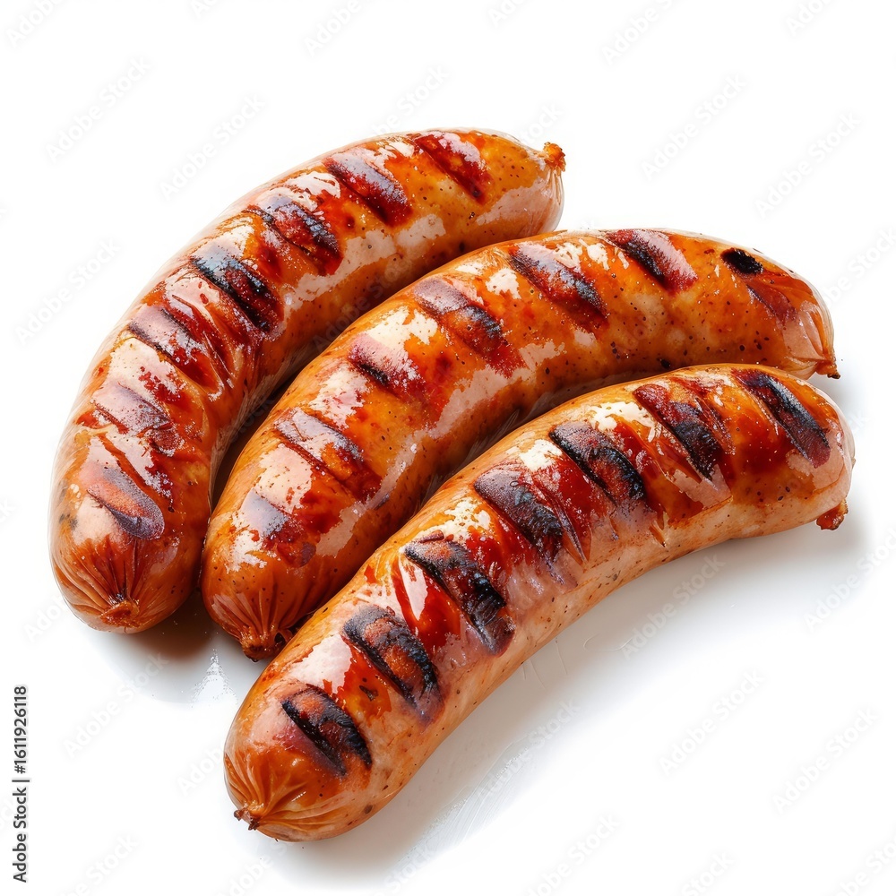 Three tasty grilled sausages with appetizing stripes from a grill lying on a white background Three tasty grilled sausages with appetizing stripes from a grill lying on a white background