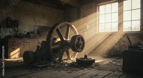 Sunlit machinery in abandoned workshop