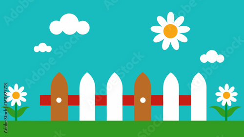 spring landscape with fence and flowers