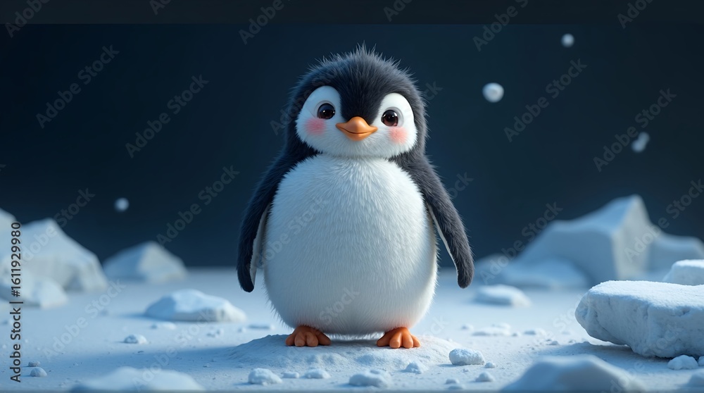 Obraz premium A cartoon penguin standing on snow with a dark blue background behind it