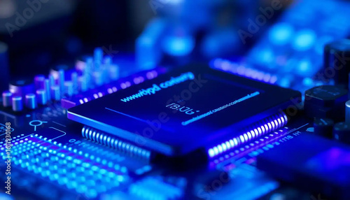 Canvas Print Close up of a glowing blue computer processor chip on a motherboard with intrica