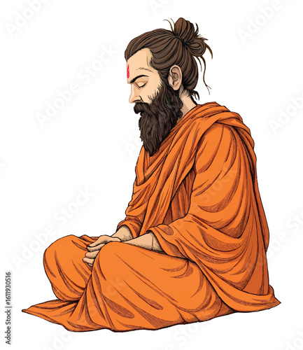 Meditating Hindu Yogi in Orange Robe Peaceful Spiritual Practice.