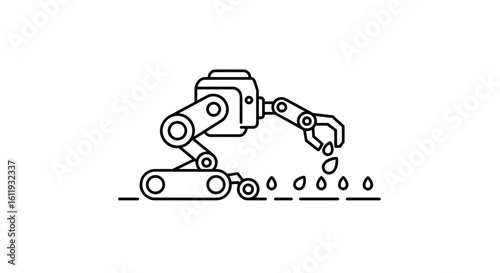 Robotic arm planting seeds in agricultural field illustration  