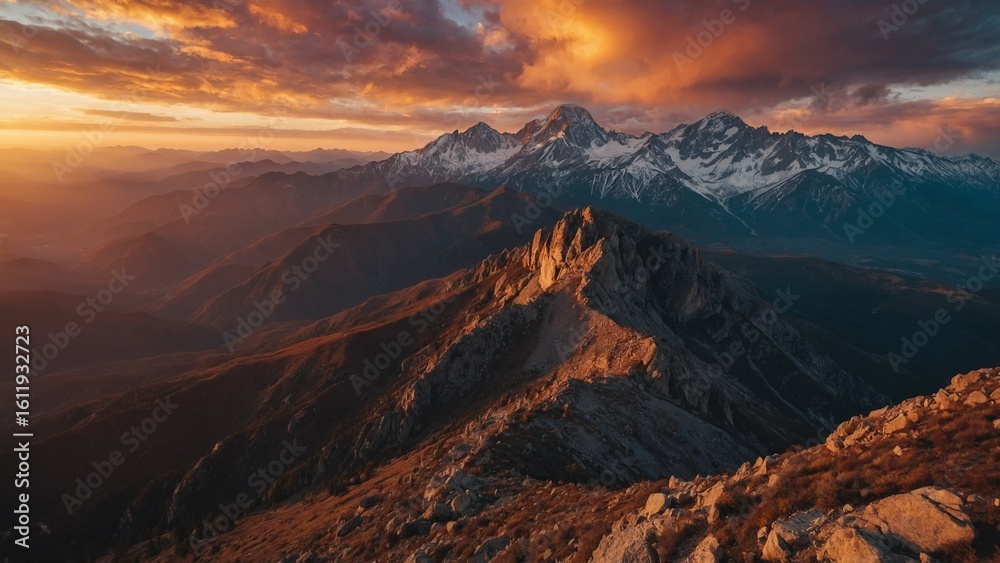 Obraz premium Amazing bright sunset over rocky cloudy mountains