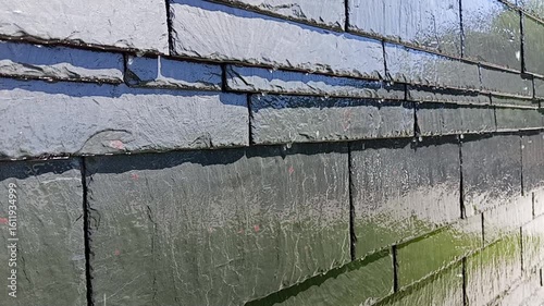 Water droplets slowly run down a textured, graphic-patterned wall. The motion creates a calm, abstract visual, blending natural elements with modern design. Ideal for mood, texture, or background use.