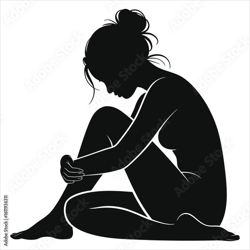 Woman Sitting Sadly Silhouette: Depression, Loneliness & Contemplation Vector
