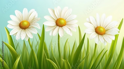 Beautiful White Daisies Surrounded by Lush Green Grass in Spring