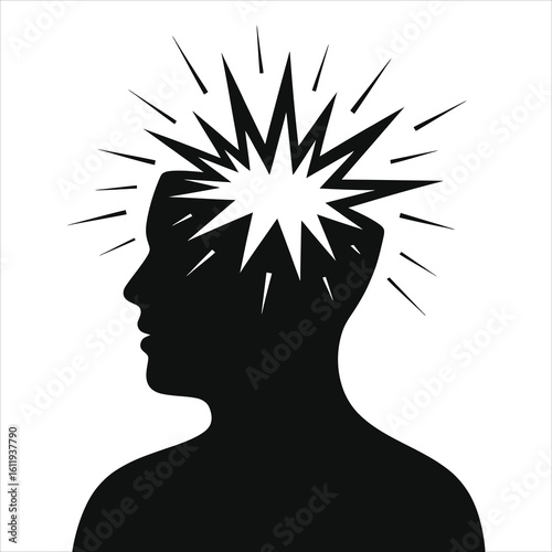 Exploding Head Vector: Sudden Idea, Migraine, or Mental Breakthrough Silhouette