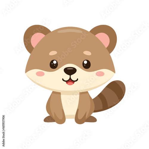 A cute cartoonish Marten weasel with a friendly smile. It has a fluffy tail and big, innocent eyes. The image is designed in a bright, cheerful style