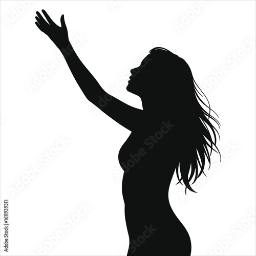Minimalist Woman Reaching Up: Silhouette Symbolizing Hope, Aspiration, Freedom, and Achievement.