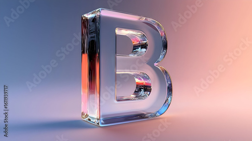 Transparent letter B,  glassy effect,  vivid colors,  3D rendering,  modern design,  isolated on a soft gradient background