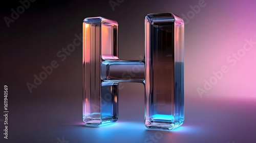 3D rendered letter H,  faceted crystal, vibrant neon glow