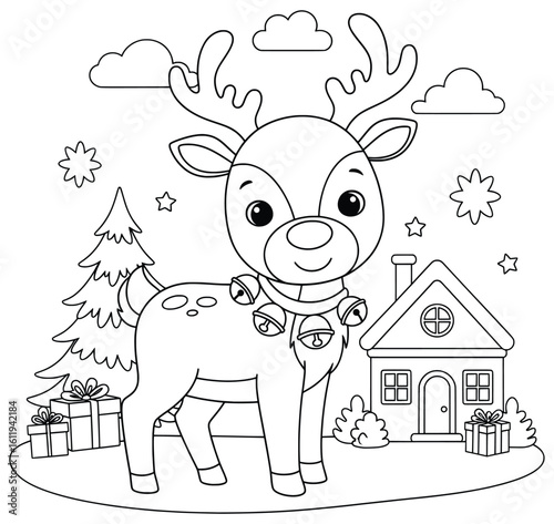 Cute Christmas Reindeer with Bells Standing Near Cozy House and Decorated Tree for Holiday Coloring Page