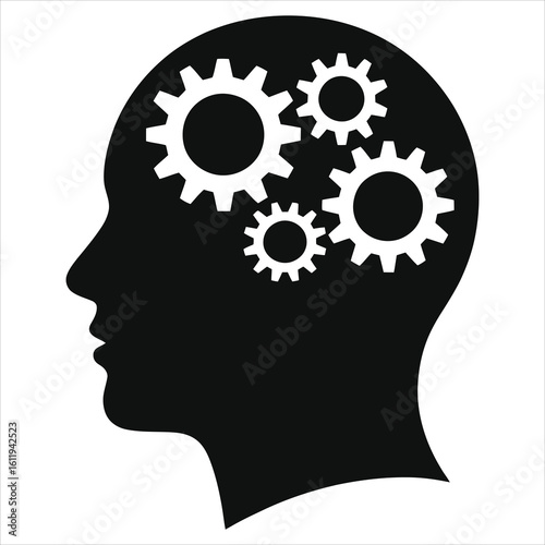 Mind gears icon: black head silhouette with white cogs, symbolizing thought, intelligence, problem-solving, and mental process.