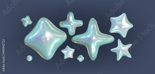 Iridescent Bubbles and Star Shapes on Dark Blue. Isolated silver abstract elements in y2k style and 90s design. Pearl fluid shapes