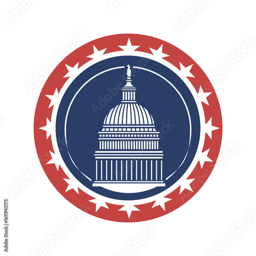 Patriotic Capitol Building emblem with stars and stripes, perfect for political campaigns and governmental projects
