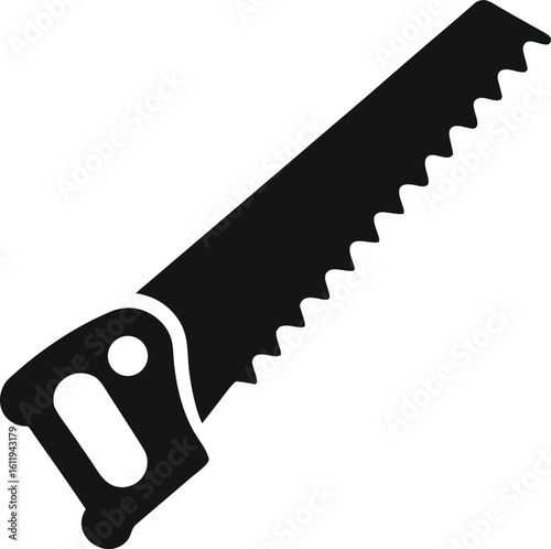 Black hand saw tool with serrated edge and handle woodworking cutting