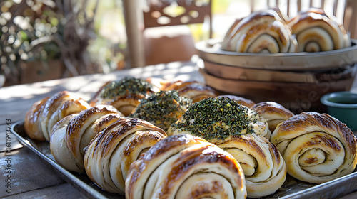 Freshly baked rolls on a tray, topped with various seasonings.  Golden-brown, flaky, and fluffy pastries arranged neatly.  Outdoor setting, likely a bakery or cafe