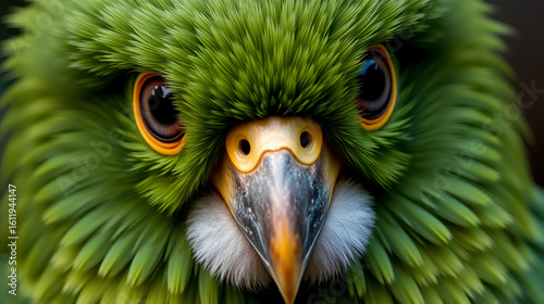 Close up of a rare kakapo parrot with moss green feathers round eyes and a fluffy facial disc representing an endangered nocturnal bird