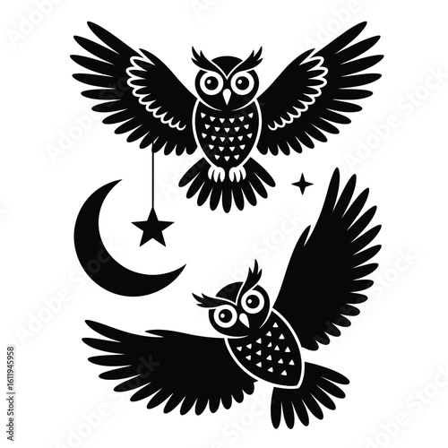 Black and white vector bundle of creepy owls with staring eyes, spread wings, perched silhouettes, and flying poses under moon