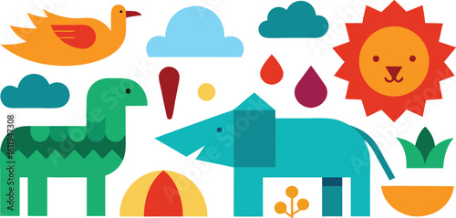 Vector art of a cheerful composition of cartoon animals and weather elements in a vibrant, illustrative style isolated on transparent background.