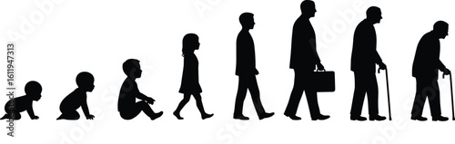 The stages of a man's life cycle, from baby to senior, showing growth, aging process, and human development illustration.