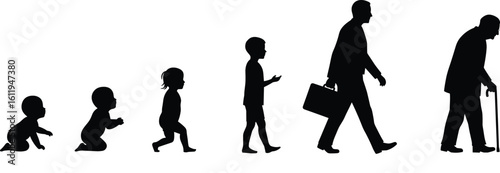 The stages of a man's life cycle, from baby to senior, showing growth, aging process, and human development illustration.